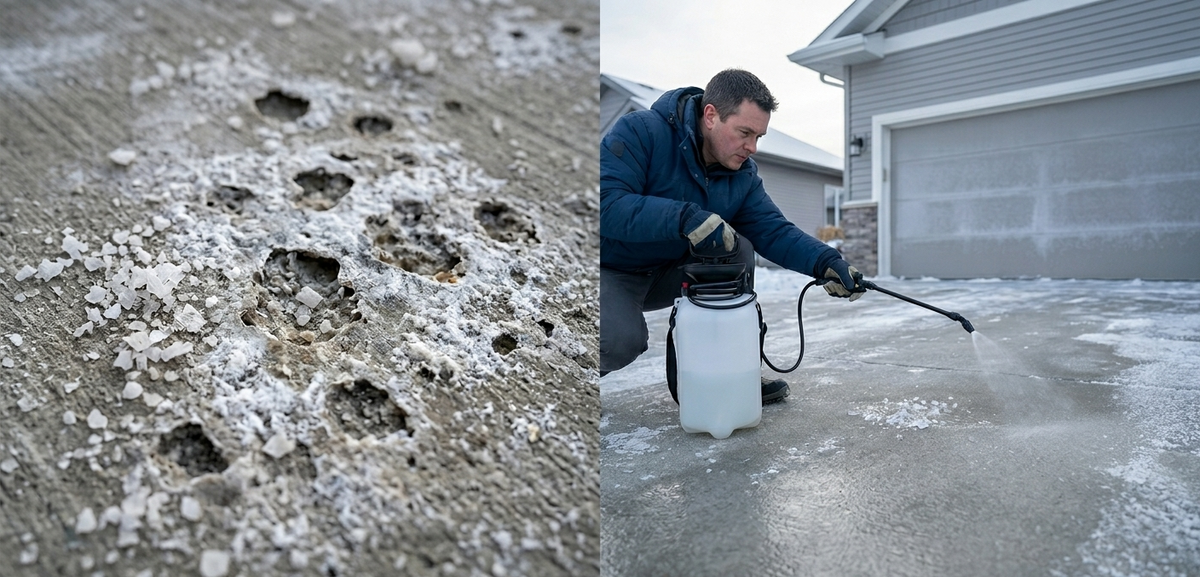 Left: salt-damaged concrete with pitting and rock salt residue. Right: man applying Arctic Armor liquid de-icer to driveway with pump sprayer.