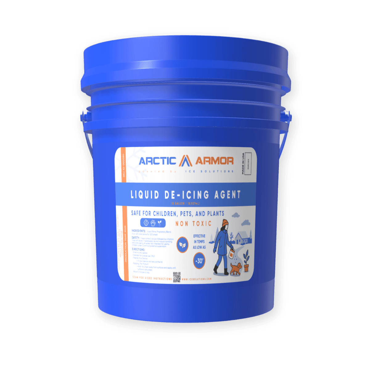 blue 5 gallon bucket of arctic armor de-icer on transparent background 