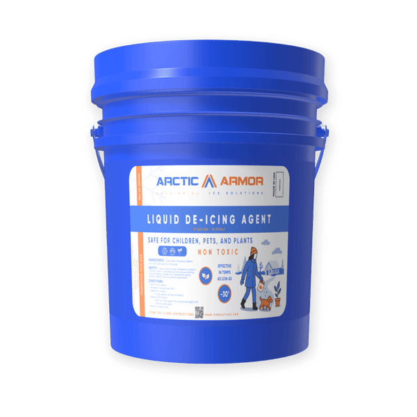 blue 5 gallon bucket of arctic armor de-icer on transparent background 